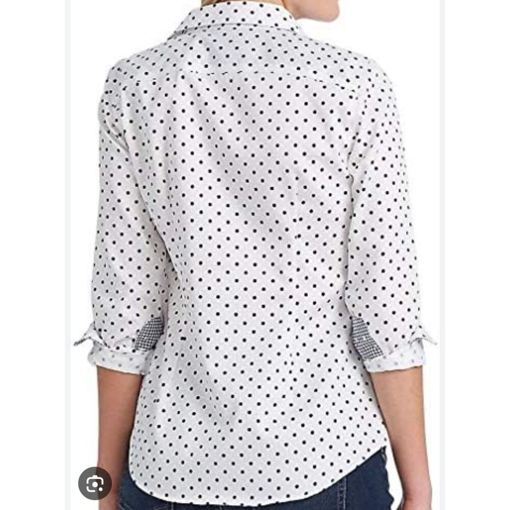 Chaps Navy Blue And White Polka Dot No Iron Button Down Fitted Shirt - Size XL